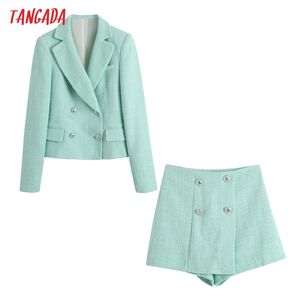 Women's Green Crop Tweed Blazer Coat and Shorts Fashion Female 2 Piece Set BE588 210416