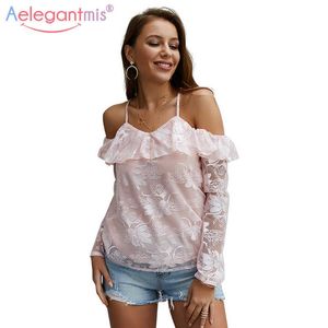 Aelegantmis İlkbahar Yaz Kadın Dantel Tops Seksi Kapalı Omuz Backless Kayış Bayanlar Ruffles Uzun Kollu Bluz Gömlek 210607