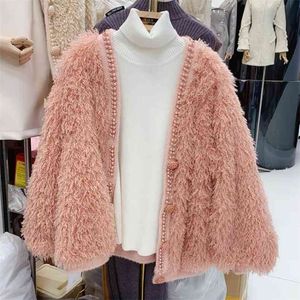 Cappotto di pelliccia di agnello caldo da donna Autunno Inverno Allentato Casual Dolce scollo a V Grano spesso Felpato in pile Manica lunga Giacche bianche rosa Femmine 210514