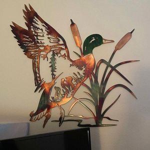 Wholesale trout decal resale online - Solo Mallard Hunting Trout Fishing Scene Metal Wall Art Animal Shape Decal Vivid Decoration For Home Decor Ornaemts Stickers