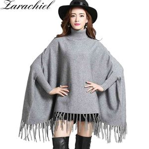 Püskül Örme Kazak Kadın Kaşmir Kazak Rahat Gevşek Uzun Şal Cape Pelerin Kol Kış Çekin Femme Jumper Coat 210416