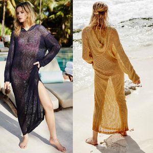 Women Lace Up V Neck Long Sleeve Crochet Swimsuit Cover Dress Sarongs