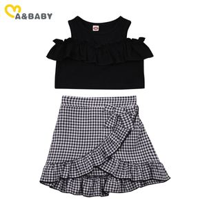 2-7Y Summer Children Kid Girl Clothes Set Ruffles T shirt Top Plaid Gonne Outfit Viaggi Vacanze Costumi da spiaggia 210515