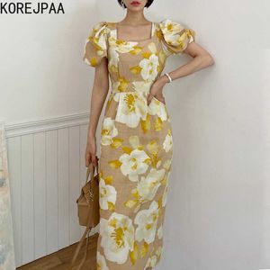 Korejpaa Women Dress Summer Korean Elegant Temperament Square Collar Contrasting Color Pleated Puff Sleeve Floral Vestidos 210526