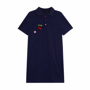 PERHAPS U Navy Turn Down Collar Polo Shirt Dress Pocket Short Mini Dress 3D Cherry Flower D1326 210529