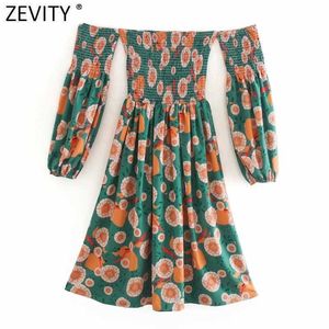 Zevity Women Secty Offショルダーフラワープリント弾性スリムミディドレスレディースプリーツランタンスリーブカジュアルビーチドレスDS4288 210603