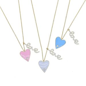 Top Quality 2021 Trendy Women Jewelry Pink White Blue Pastel Enamel Heart CZ Paved Love Letter Charm Necklace