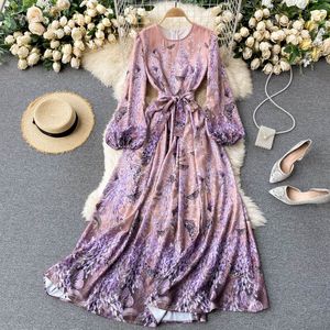 Spring Autumn Vintage Women O-neck Puff Sleeve Butterfly Floral Print Dress Casual Loose Sash Tie Up Purple 210423