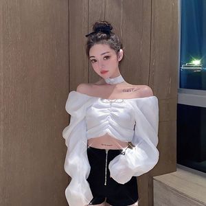 Lucywy Sexy Crystal Bowknot Szyfonowa Koszula Kobiety Lato Slim Off Ramię Rękaw Rękaw Puff Koszulki Kobieta Koreańskie Ruffles Topy Damskie 210521