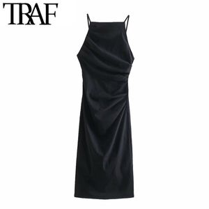 TRAF Women Fashion Pleat Detail Fitted Midi Dress Vintage Backless Zipper Thin Straps Female Dresses Vestidos Mujer 220311