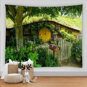 Arazzi Forest Landscape Decor Window Tapestry Wall Hanging Casa in legno rustico Tessuto in poliestere Tappeto per la casa Coperta