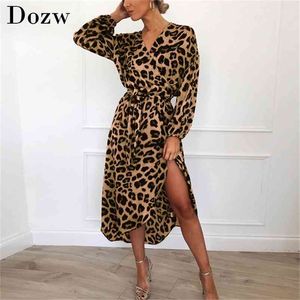 Leopard Dress Women Chiffon Long Beach Loose Sleeve Deep V-Neck A-Line Sexy Party Vestidos de Fiesta 210515