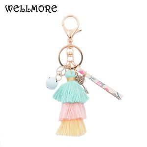 WELLMORE BOHEMIA leather,Cloth ball,key,long tassel colorful alloy Key Chain For Women Girl Bag Keychain wholesale jewelry G1019