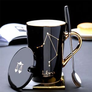 Ceramic Mugs 12 Constellations Creative Glass with Spoon Lid Black and Gold Porcelain Zodiac Milk Coffee Cup Drinkware 210804