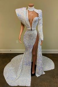 Sparkly vestidos de baile 2022 imagem real keyhole alto pescoço dianteiro fenda longa manga branca lantejoula africano meninas negras sereia vestido de gala