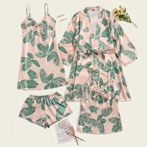 Fashion Leaves Print Robe Set Sleepwear Casual Intimate Lingerie Camisole Nightgown Nightdress Soft Homewear Home Clothing Q0706