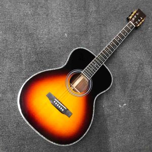 Anpassad AAAAA Alla Solid OM Style Body Acoustic Guitar Ebony Fingerboard Coco Back Side Abalone Bindande Classic Headstock. I Sunburst Anpassad logotyp