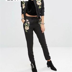 Kobiety Vintage Elegancki Kwiatowy Haft Poclets Szczupły Ołówek Spodnie Spodnie Elastyczne Talii Bow wiązana Jakość Skinny 210420