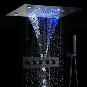 マットブラックシャワーヘッドセット50x36 cm LEDバスルームサーモスタットハイフロー滝の降雨シャワーシステム