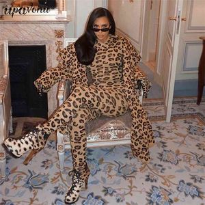 Bezpłatne Leopard Bodycon Sexy Kombinezony Kobiety Zipper Turtleneck Zwierząt Drukuj Jesień Zima Push Up Club Night Kombinezon 210524