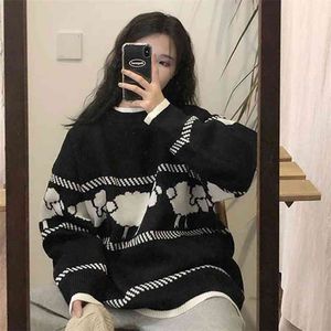 Woherb Harajuku Jumper осень осень зима вязаный свитер пуловер женщин мультфильм печати, милые свитера тянуть FEMME 210918