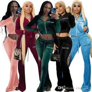 Mulheres Mulheres Sólidas Veludo Tracksuits 2 Piece Calças de Calças Carta Bordado Zíper Casaco de Manga Longa + Bell Bottom Wid Pants