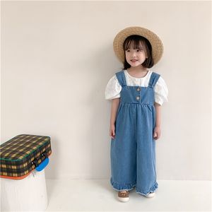 Spring Autumn Korean style girls fashion wide leg ruffles denim overalls Kids oversized loose suspender trousers 211102