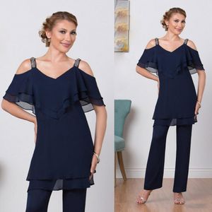 Mãe de Ursula da Pant de noiva se adapta dois pedaços Chiffon V Neck Plus Size Mãe Wear Calças Terno