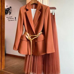 Feitiço Feminino Brazer Malha Saia Dois Peça Suits Sem Cinto Elegante Escritório Feminino Senhora Casaco Sólido Vestido Primavera Outono 211108