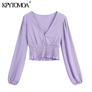 Women Fashion Button-up Cropped Blouses V Neck Long Sleeve Elastic Hem Female Shirts Blusas Chic Tops 210420