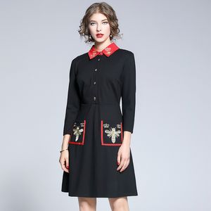Proms Dresses toptan satış-2021 Siyah Vintage Nakış Elbise Pist Tasarımcısı Moda Fener Kol Yaka Tatil Balo Ofis Bayanlar Ince A Line Elbiseler Sonbahar Kış Zarif Kadın Giysileri