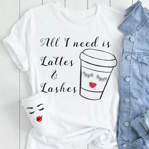 Damen T-Shirt Top Lady Female Tee T-Shirts Cartoon Kaffee süß lustig Frauen Casual 90er Jahre Mode Wimpern Wimpern Print Kleidung Grafik T-Shirt