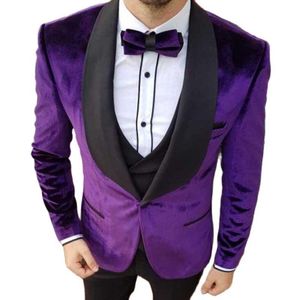 Męskie Garnitury Blazers Fioletowy Velvet Prom dla Męskie Slim Fit Z Czarnym Szal Lapel Wedding Groom Tuxedo Terno Męski Moda Kostium Blazer Pan