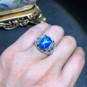 Classic Glänsande Blue Star Sapphire Ädelsten Silver Fine Smycken Muskulös Power Födelsedagspresent Män Ring Attraktiv