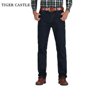 Tiger Castle Mens Hög midja Jeans Bomull Tjock Klassisk Sträcka Svart Blå Manim Denim Byxor Vår Höst Män Byxor 211111