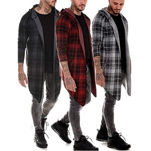 long coat men gothic trench cardigan slim cloak hooded Knitted plaid jacket fashion steampunk 's 210819
