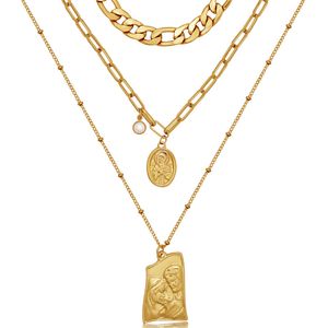 14K Gold dreilagige kubanische Gliederkette christlicher Schmuck Halskette geometrische Metallanhänger Halskette für Frauen Männer