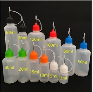 Tom plastfyllningsbar flaska Squeezable Needle-flaskor 3ml 5ml 10ml 20 ml 30 ml 50 ml 100 ml 120 ml flytande droppar Sample ögon droppe