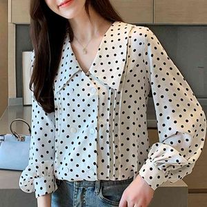 Damen Tops und Blusen Casual Black Dot White Chiffon Bluse Damen Tops Blusen Frau Langarm Damen Shirts Blusas C52 210426