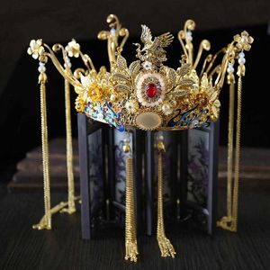 Forsven kinesisk brud brud bröllop hår smycken uppsättningar Kina guld phoenix blomma tiaras krona med tofsar dangle örhängen h1022