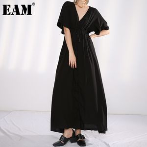 [Eam] Mulheres Preto Drastring Longo Grande Vestido V-Neck Meia Manga Loose Fit Moda Primavera Verão MA80701 210512