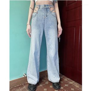 Damskie Dżinsy Lekkie Kolor Luźna Rura Koreańska Uczniowie Hollow Waist Szerokie nogi Styl Casual Długi Jean1