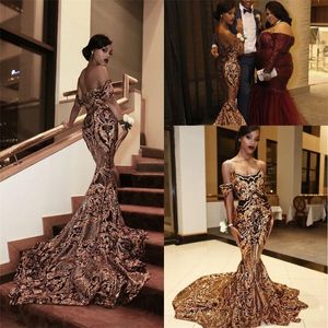 Luxury Gold Prom Klänningar Lace Aoppliqued Sexig Strapless Custom Made Mermaid Evening Dress Sweep Train Celebrity Party Gown Robe de Mariée