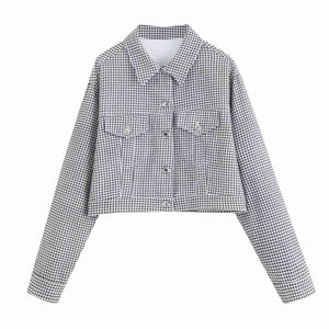 Women Houndstooth Demin Cropped Jacket Single Breasted Casual Outwear Coat Chic Female Streetwear 210521