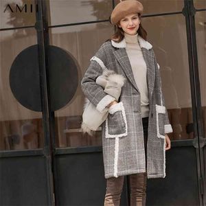 Winter Mulheres xadrez de lã casaco feminino moda retalhos soltos no meio-comprimento casaco sobretudo 11870396 210527