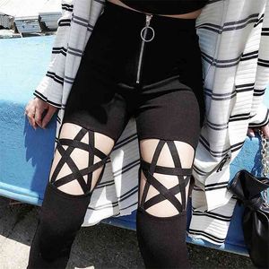 Calças góticas oca out pentagrama leggings pretos mulheres lápis magro fino cintura alta zíper simples sexy 210925