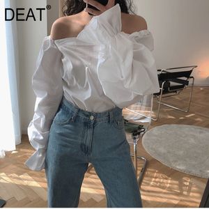 Autumn And spring Fashion Casual White puff Sleeve One-line Shoulder Square Collar Slim Shirt Top Women SF461 210421