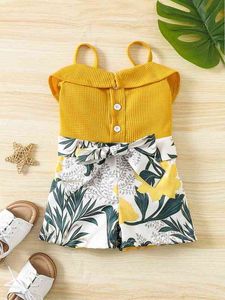 Baby Floral Print Shirred Back Belted Cami Romper SHE