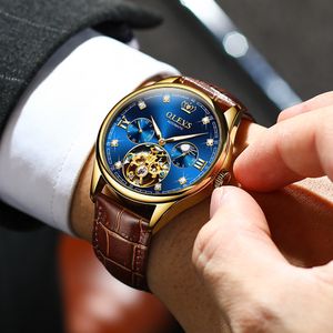 Designer luxury brand watches OLEVS Classic Mens Mechanical es Automatic Tourbillon Clock Genuine Leather Waterproof Military Wrist