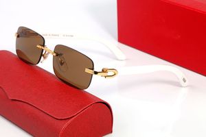 Bayan Erkek Güneş Gözlüğü Tasarımcı Marka Gözlükler Dikdörtgen Altın Alaşım Beyaz Bufalo Boynuzu Gözlükler Ahşap Çerçeveler Çerçevesiz Güneş Gözlüğü Lüks Gözlük Kılıfı Lunettes